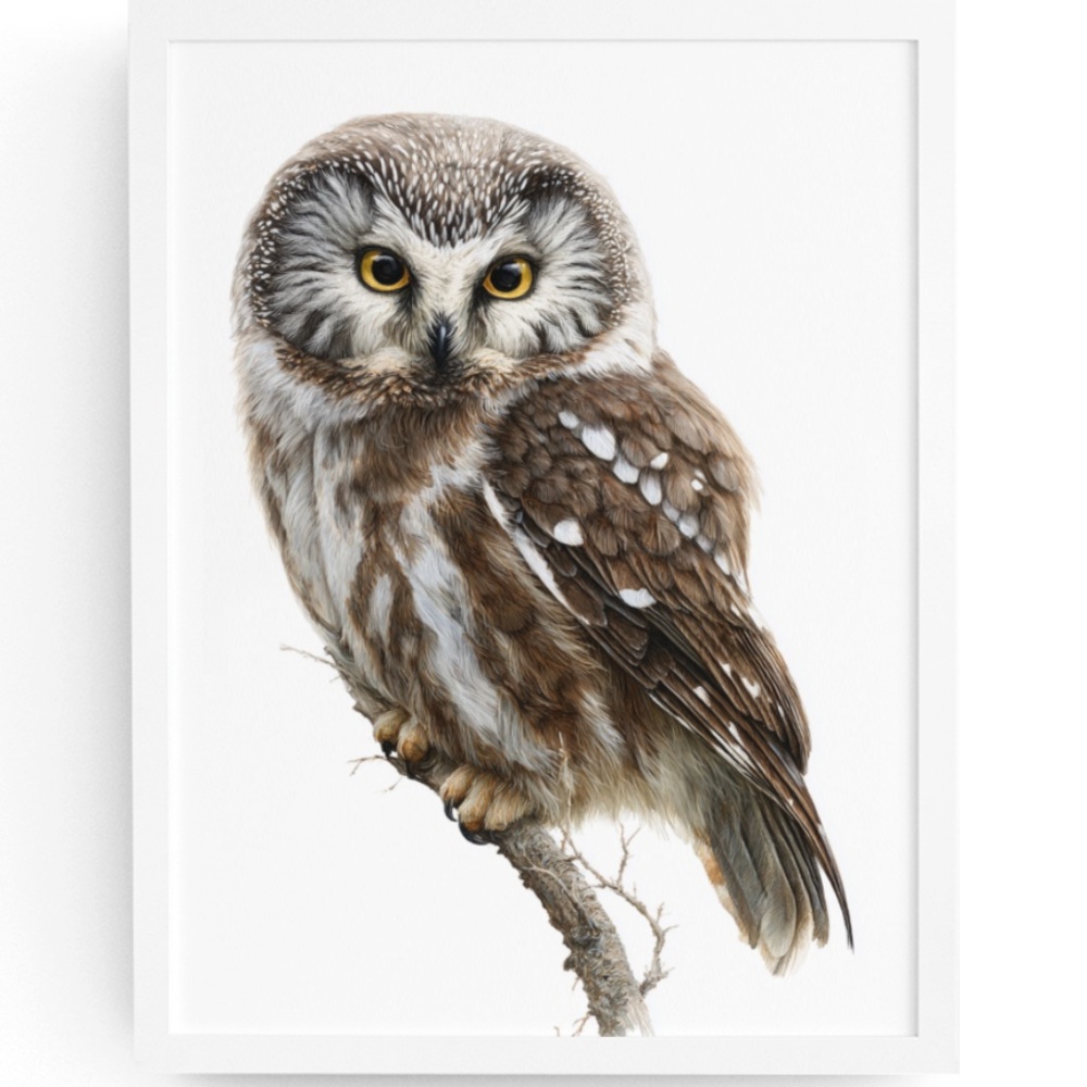 Watercolor Boreal Owl Portrait Wall Art Print Poster, Unframed - Charming